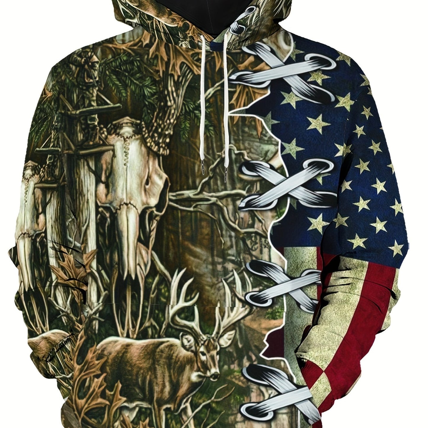 Retro Deer & Flag Print Hoodie, Cool Hoodies For Men, Men's Casual Graphic Design Pullover Hooded Sweatshirt With Kangaroo Pocket Streetwear For Winter Fall, As Gifts